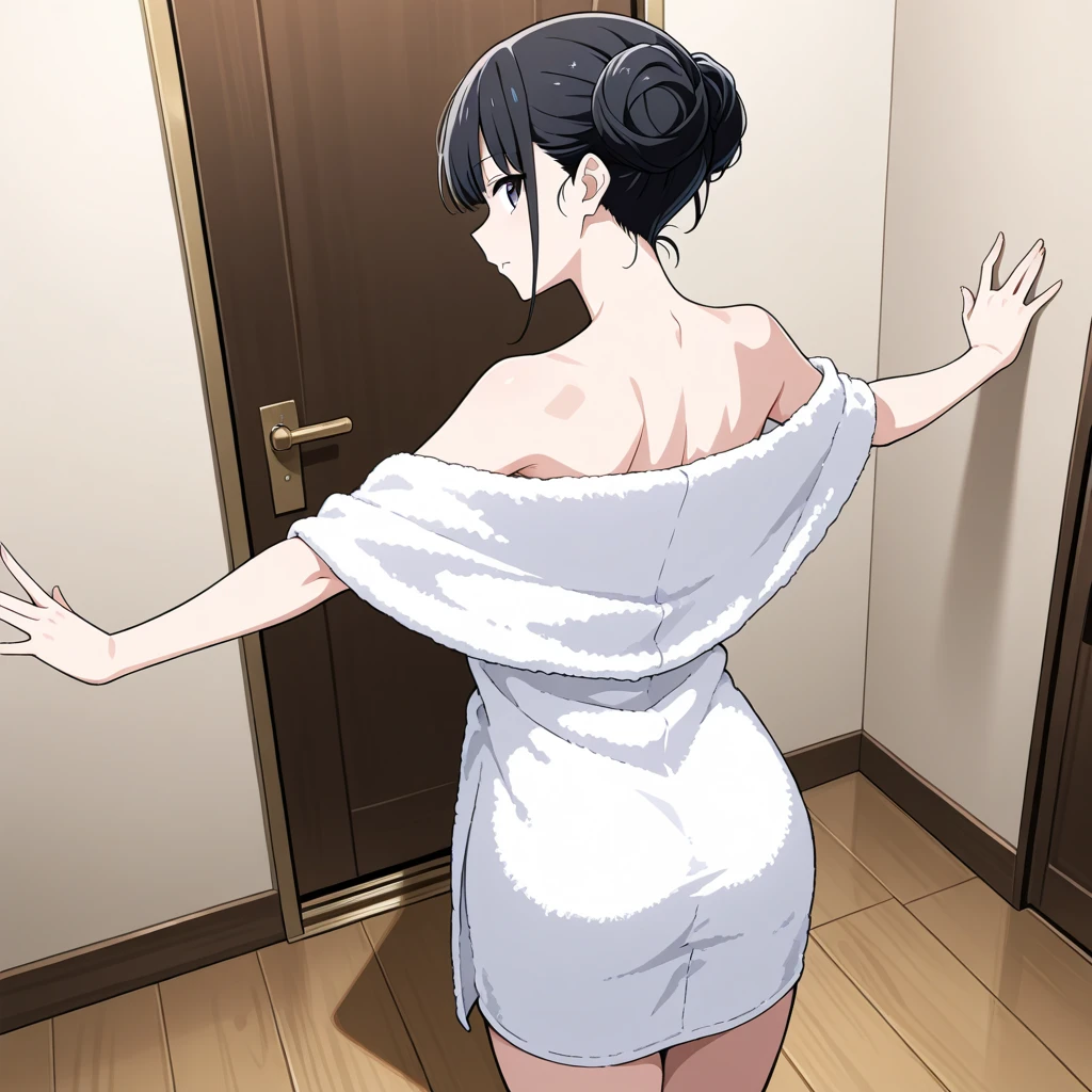 Highest quality，sexy，naked，Washing dishes，sexy的身材，slender legs，hands behind the back，Slightly sideways，Shy expression with bowed head，best picture quality，full-body shot，Wearing black silk on legs