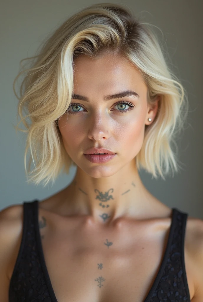 REAL photo, photograph of a Russian 22 years old woman, in full growth, ((detailed facial features)), gorgeous face, ((beautiful realistic grey eyes)), standing in luxurious lingerie and stockings in the middle of the bedroom, grunge style, standing in her bedroom, pale skin, ((wearing black eyeliner)), grainy, (high detailed skin:1.2), pastel goth, (white hair with black roots), (highlighted hair), ((a haircut layered)), wearing bracelets, instagram, colorized, ((detailed face)), selfie,(no bra), masterpiece, best quality, (full body), 8K, UHD