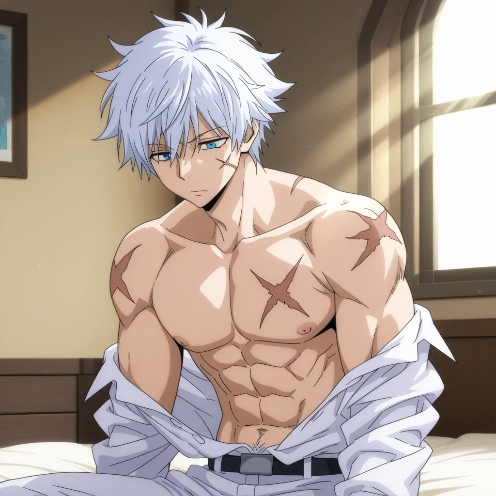 anime character with White hair sitting in a chair in front of a window, Saitama True, White-haired, White haired deity, muscular! White, Tall anime man with blue eyes, relaxed dwarf with White hair, White haired, male anime character, Fluffy chest, gigachad muscular, Cool anime poses, Shiro in Death Row Paradise, SFW version, Xikui