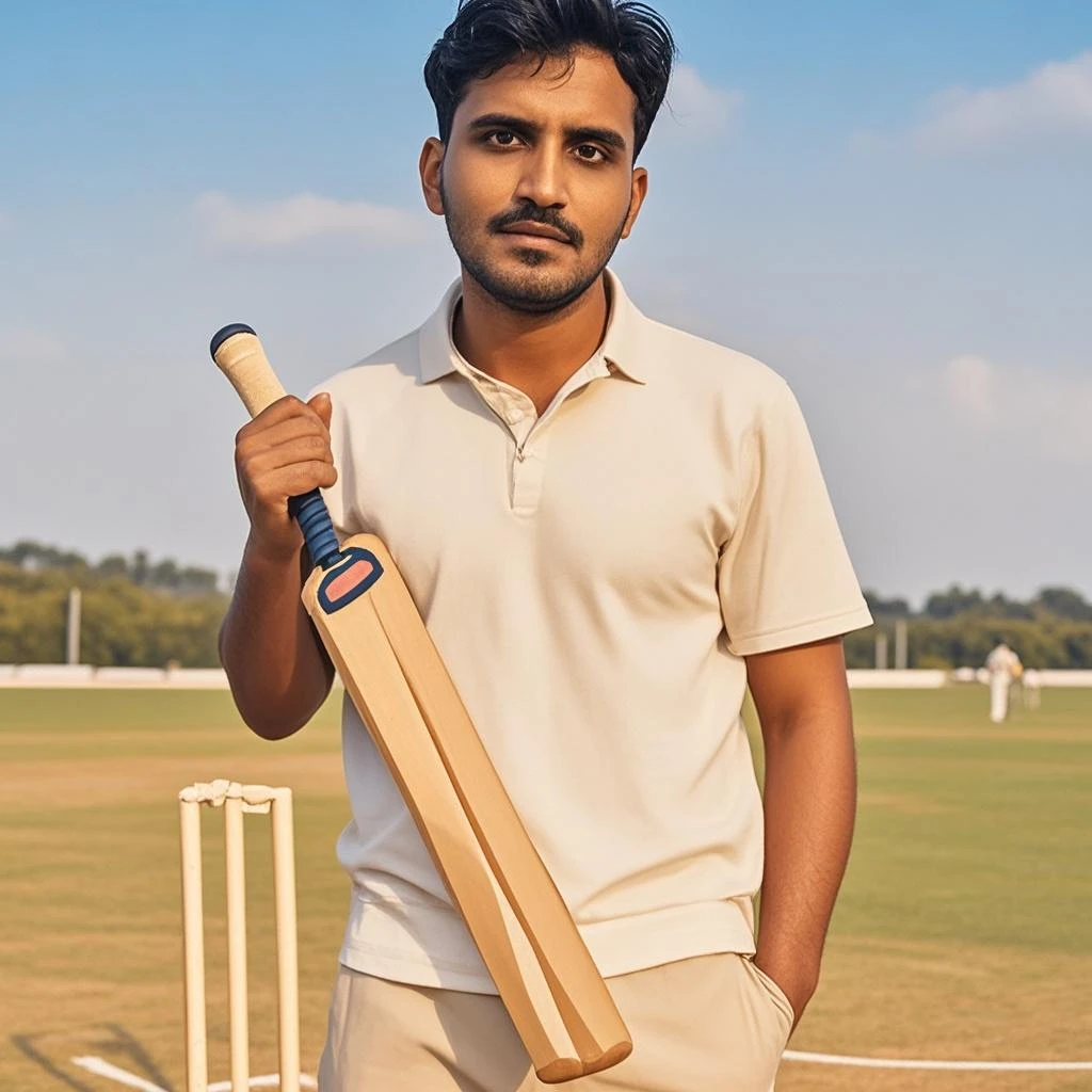 man in green collared shirt, and white trouser, holding cricket bat in straight drive postion, having a text on bat "NAYAKHEL.COM" showing bat to viewer, png file