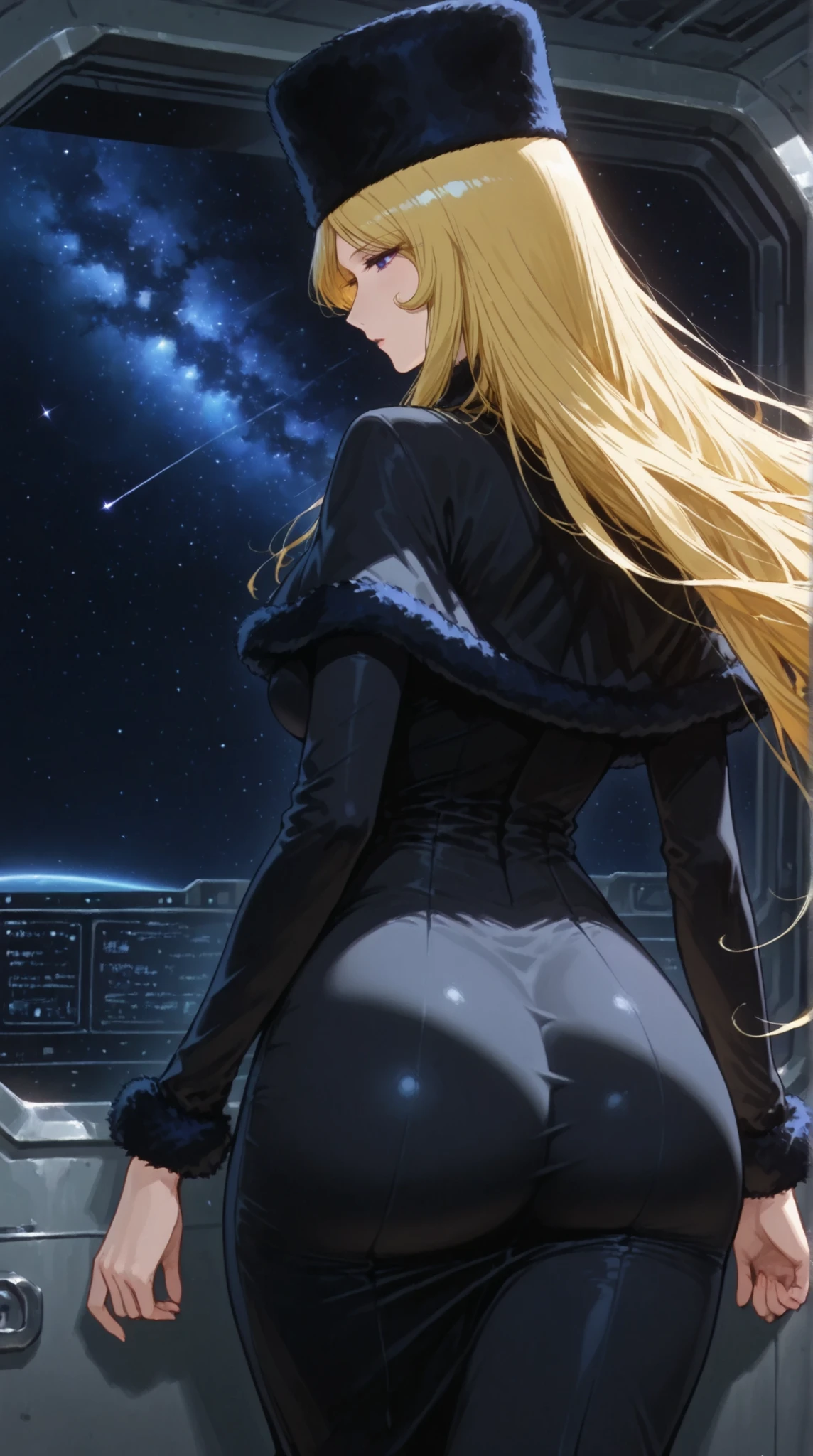 Maetel, best quality, amazing quality, score 9, 1girl, black clothes, space, hands out, fur hat, curvy hip,curvy,from behind