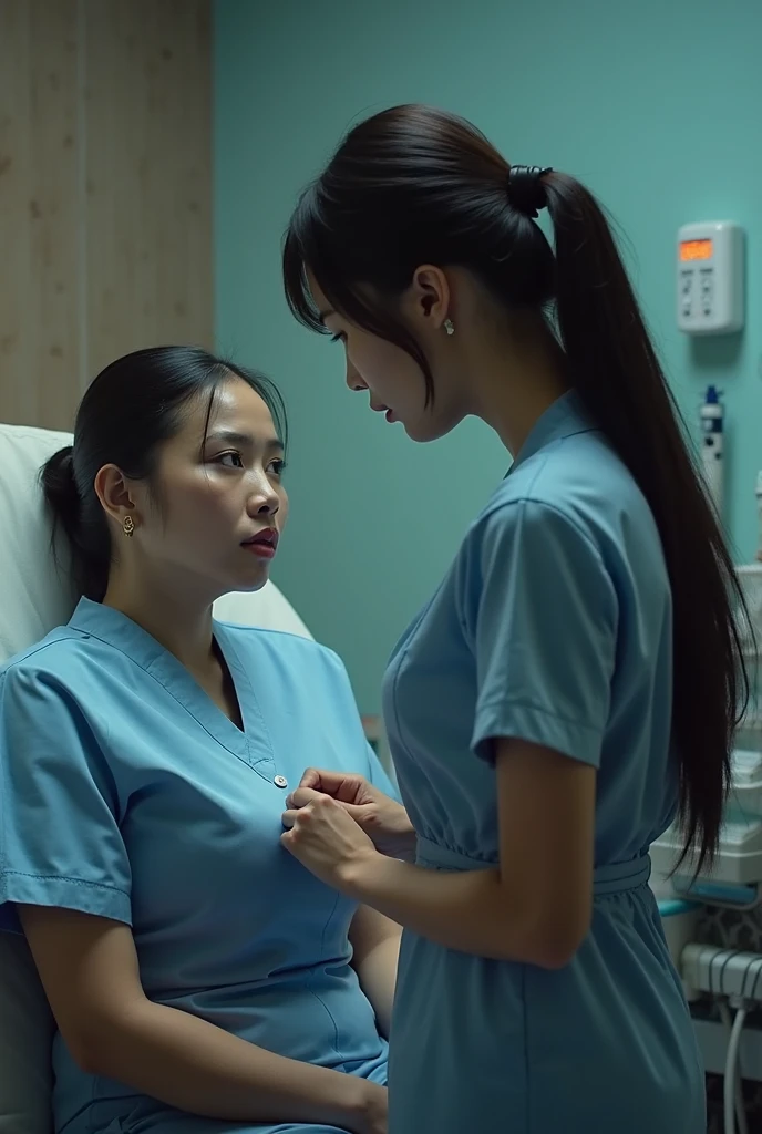 Create an image depicting a woman in a blue nurse uniform who is overly considerate of others. Show her expressing kindness and empathy, emphasizing her gentle demeanor and professional qualities through her facial expression and gestures. Set the scene in a calm background that suggests a medical environment, highlighting her compassion. Ensure the composition makes her warmth and caring nature stand out.