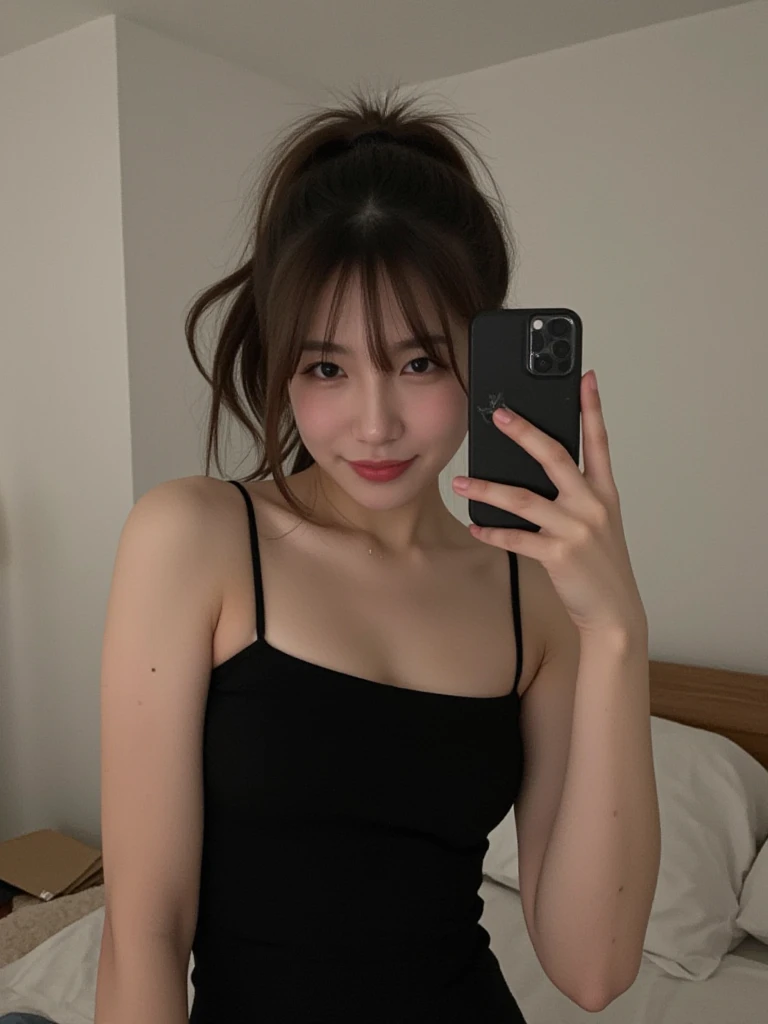 (8K, Raw photography, best quality, masterpiece, realisitic, photo-realsitic:1.6), clear, professional lighting, ultra high res,ultra detailed, a japanese married woman, 30-years-old, Balanced build, Curvy Body, (tiny Height:1.5), (Blunt Bangs:1.3), medium log hair, Brown hair, medium breast, (round face:1.5), beautifull detailed face, (no-makeup look:1.5), Beautiful detailed skin, Skin Texture, captures (selfie:1.8) with a shy smile, embarrassed, blush, in kitchen, she wears black T-shirt.