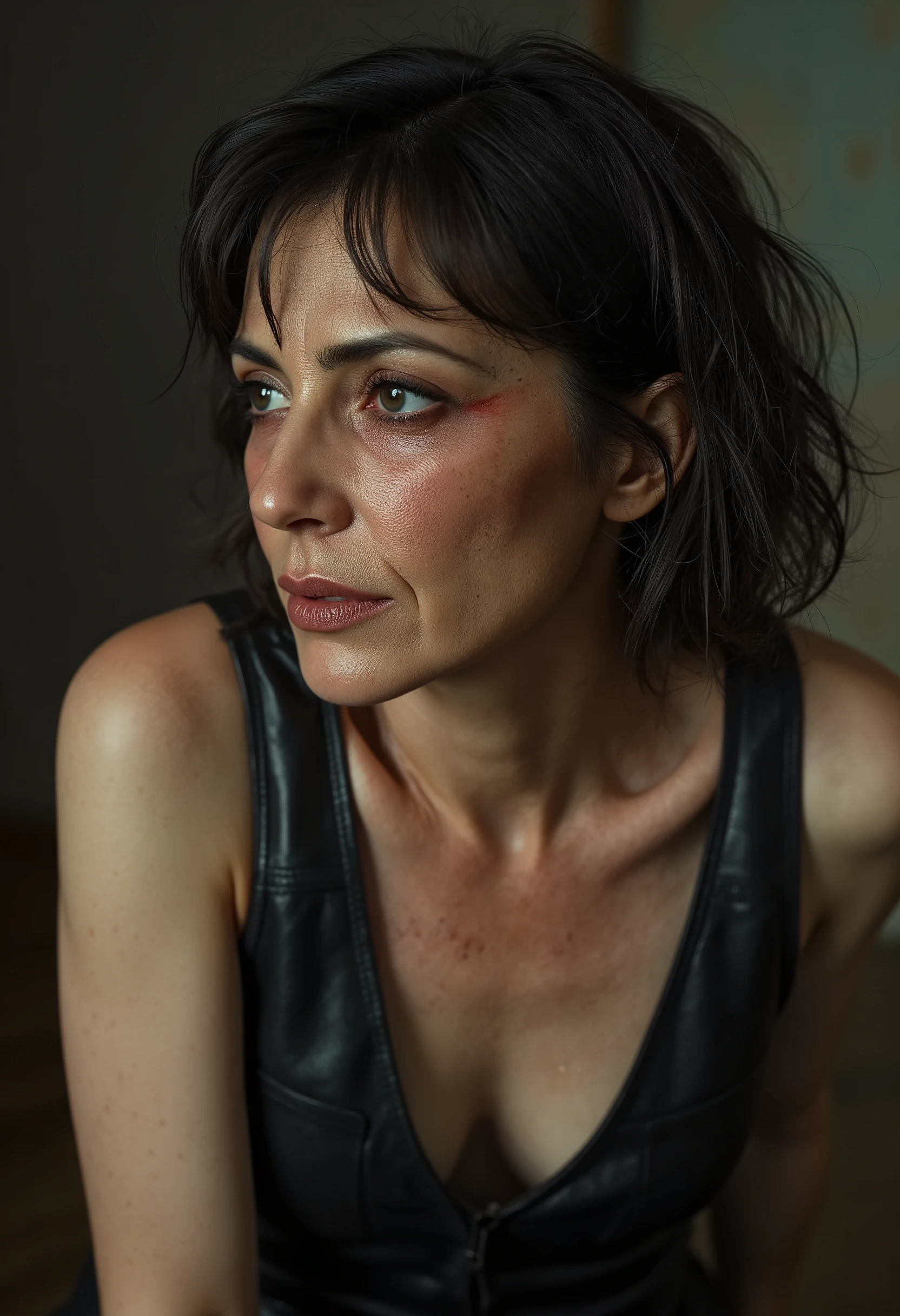 50 year old woman, humiliation rough sexuality degradation, self-destruction, dirty sloppy hair, heavy eyelids with smudged makeup, plump lips with uneven lipstick, sweaty pale shiny skin, in a tight tight leather dress, slouching pose. cinematic lighting, hyperrealistic, disgusting mature sexuality. Intense look, sloppy attractive, expressive wrinkles, bob-cut