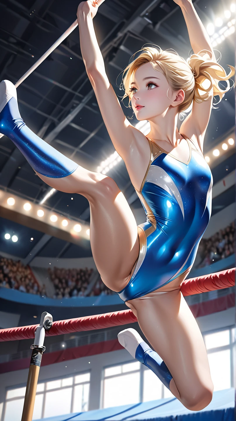 A female athlete performs gymnastics in an Olympic gymnasium, bare arms, one hand lifting a leg high, wearing a complex red and white leotard, a crowd of people watching her from the stands.