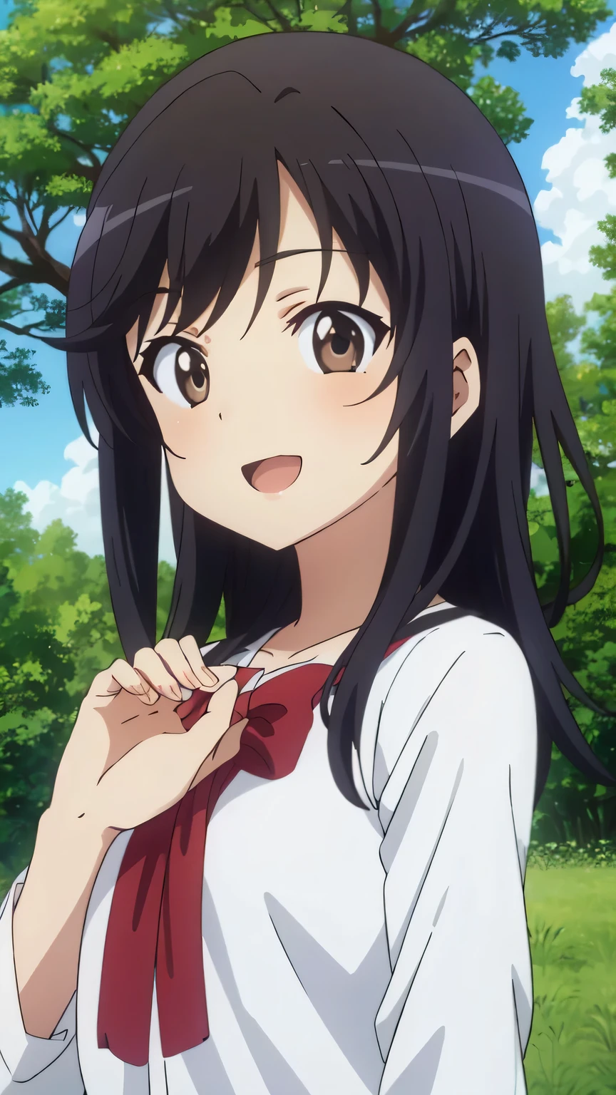 {{{masterpiece}}}, (best quality:1.5), (ultra-detailed:1.5), {illustration}, {{an extremely delicate and beautiful}}, (beautiful detailed eyes:1.6), absurdres, highres, extremely detailed face, 16k, hd, visual anime de uma jovem mulher, extremamente bonito rosto de anime, anime melhor garota, (perfect hands, perfect anatomy), anime face, ichijou hotaru(Non Non Biyori), nonhotaru, age, 1girl, solo, cute face, black hair, medium hair, asymmetrical bangs, hair between eye, sidelocks, flushed cheeks, (Brown eye:1.4), medium breasts, big hips, curvaceous, BREAK, sorriso alegre, open mouth, visual anime de uma jovem mulher, extremamente bonito rosto de anime, anime melhor garota, sorriso astuto, outdoor, sky, daytime, forest, field