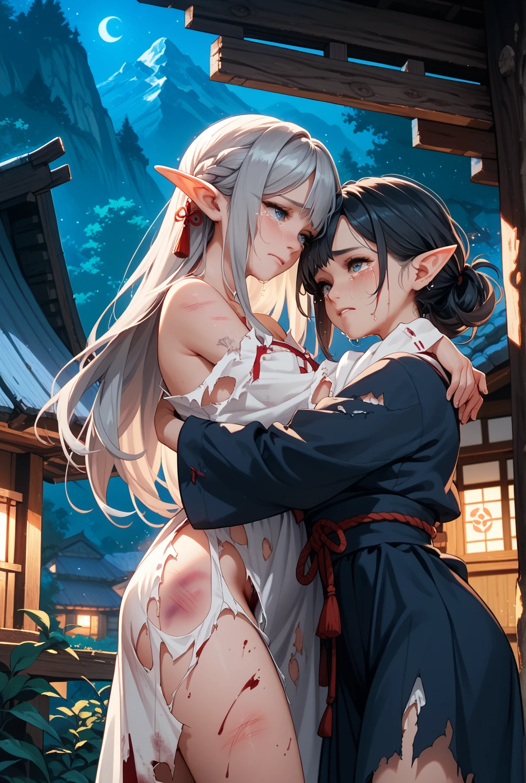 2 girls, playing with each other, elf, big breasts, night, pale skin, long white hair, bare legs, open hips, curvy hips, red eyes, long beautiful legs, without clothes, standing naked, open chest, wide open legs, without underwear, on all fours, on a leash