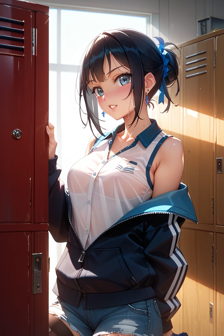 score_9,score_8_consolation,score_7_consolation,score_9,score_8_consolation,score_8,very detailed,beautiful , Freina, Short hair, big natural tits, Short hair, black hair, green eyes,shiny lips, lipstick, crop top, see through top, big bust, Under the chest, Gym shorts, locker room, playful, Leaning against the locker, smiling, Badinage, ear piercing, choker, Speaking heart, 4RCH0N, expressive