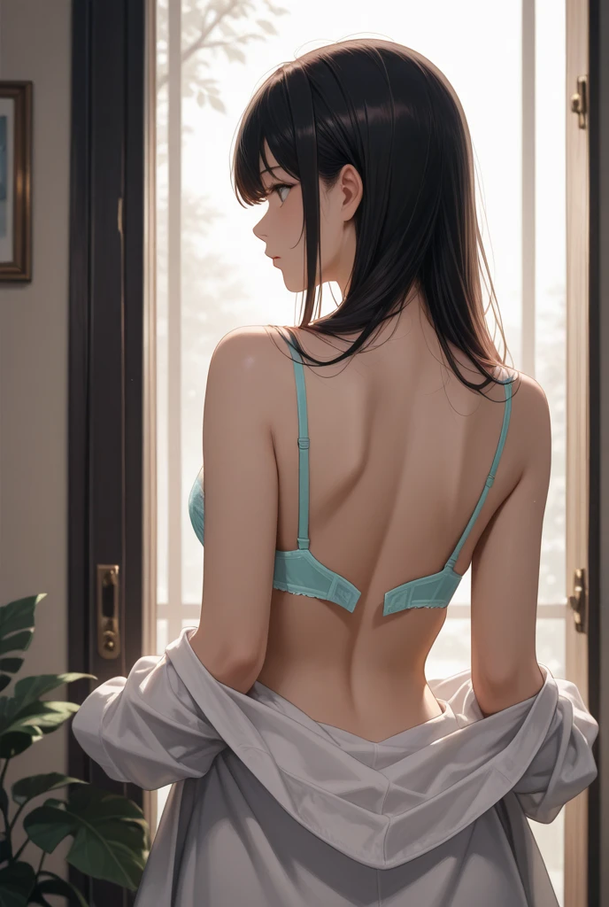 obra de arte, maximum quality, high resolution, Sozinho, copo d, interior, Transparente, misaligned bra, Side tie on the back, rastejando de quatro, de baixo, raiva, cama, roupa interior desgrenhada, rough breathing, expression