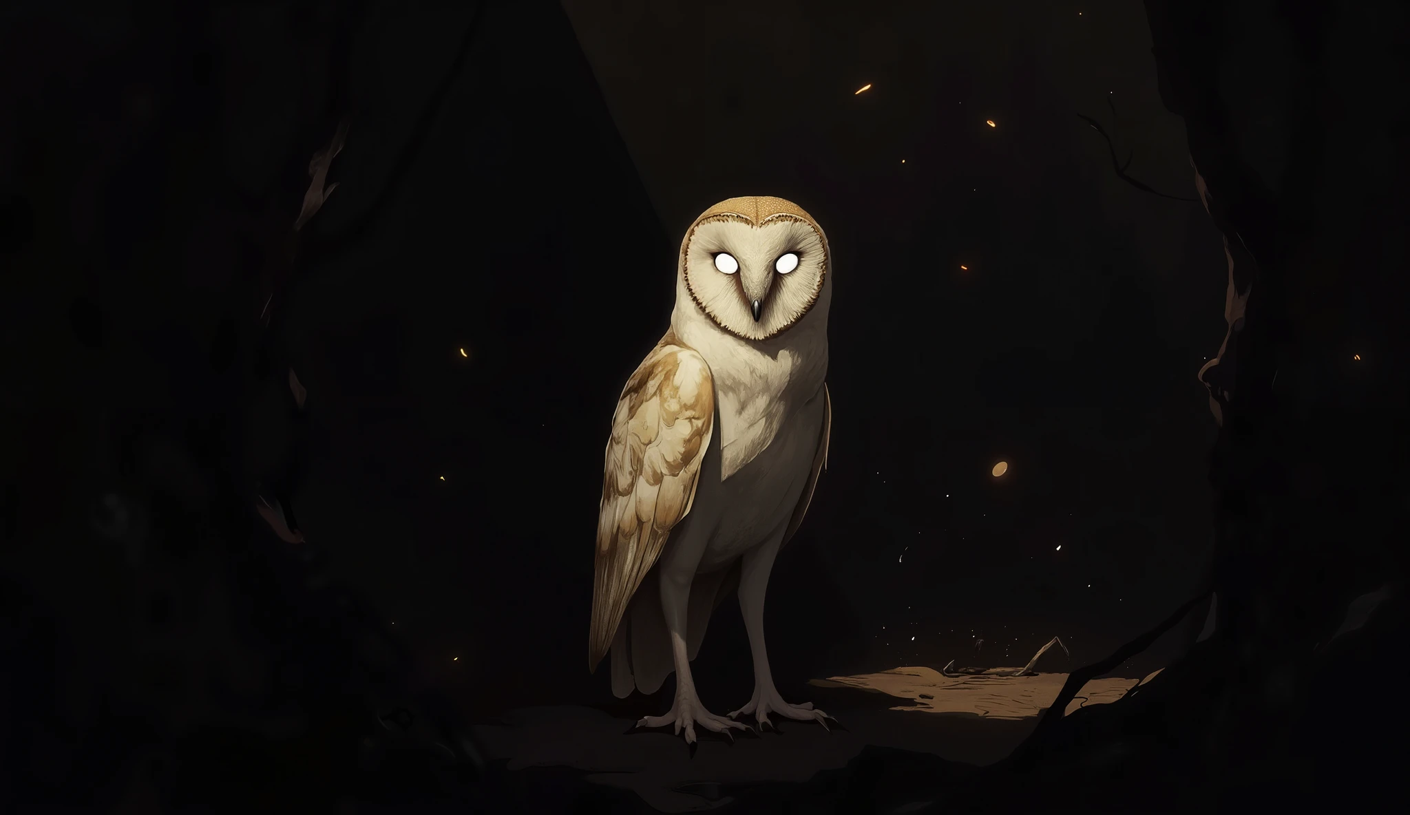 (Top quality),(ultra high resolution), minimalism, barn owl with white plumage, frowning, thin, in a mysterious way , looks at us, white eyes without pupil , sitting in the distance, watching, very dark background, only a couple of sunlight enters the dark room, dust, fog