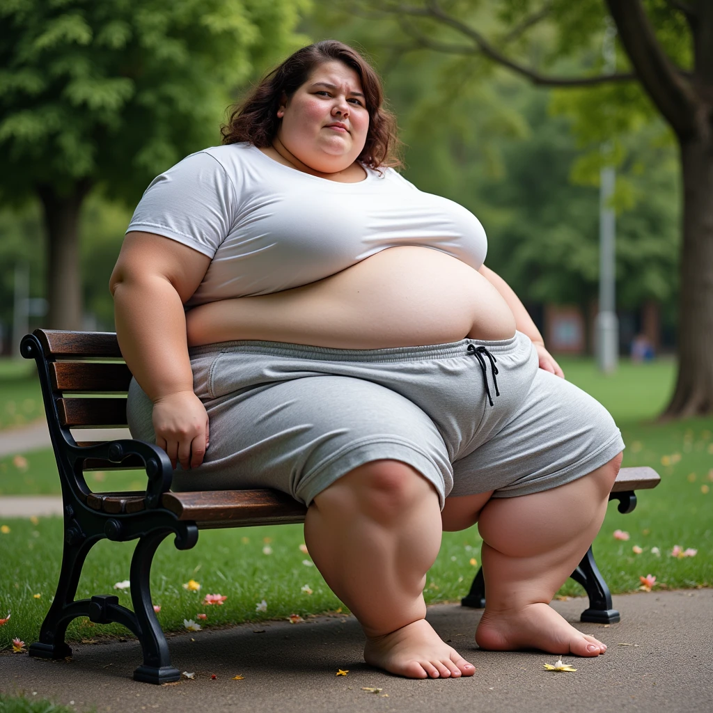 Shy, gluttonous, eats a lot, burps a lot, fattest student on campus, green eyes, long red hair, morbidly obese, huge butt that gets stuck in chairs, red shirt, gray sweat pants, unrestricted binge eating lifestyle, turned on by being fat, humiliation kink, out of breath, exhausted from walking, body jiggles with every movement.