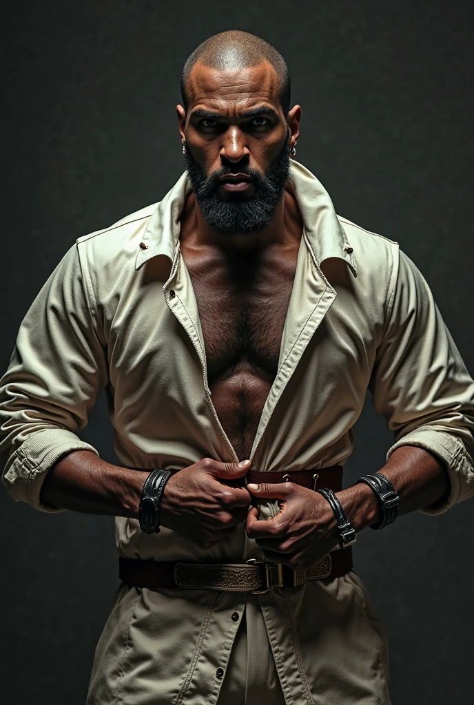 black male, with beard, shorth hair, light eye, brawny