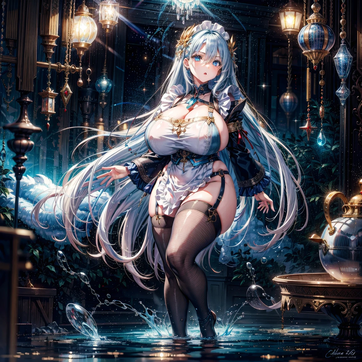 big breasts beautiful， Young woman， In the crystal and ice zone， drifting snow， ride horse， White hours， Gradient hair， Blue hair， blue hairs， twintail hair， eyes reflection， disdain， Ray traching， reflective light， blurry， Glowing light， depth of fields， lightand shade contrast， stereograms， zoom layer， cowboy lens， f/2.8， Bokeh， tmasterpiece， best qualtiy， high qulity， k hd，White stockings