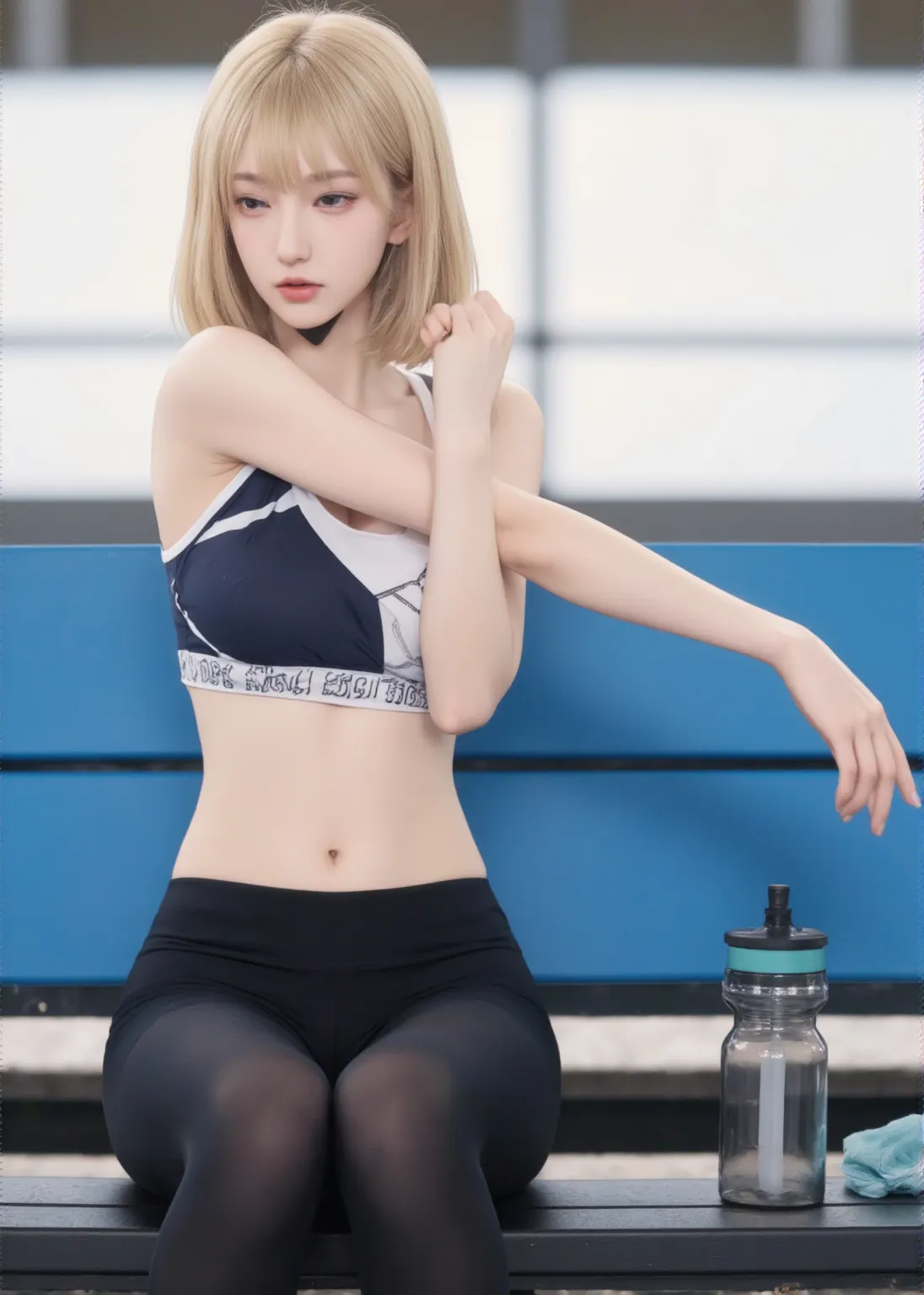 A beautiful blonde barefoot woman, with short wavy hair, wearing a blindfold, a black sportsbra and sportsshorts, doing the yoga lotos pose, looking happy.