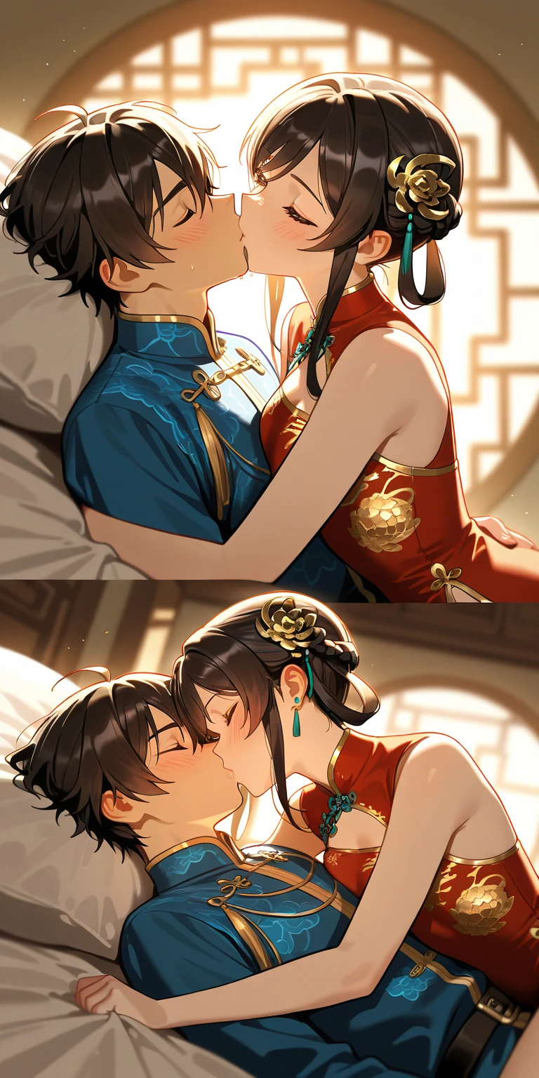 A woman tries to kiss a man。two guys