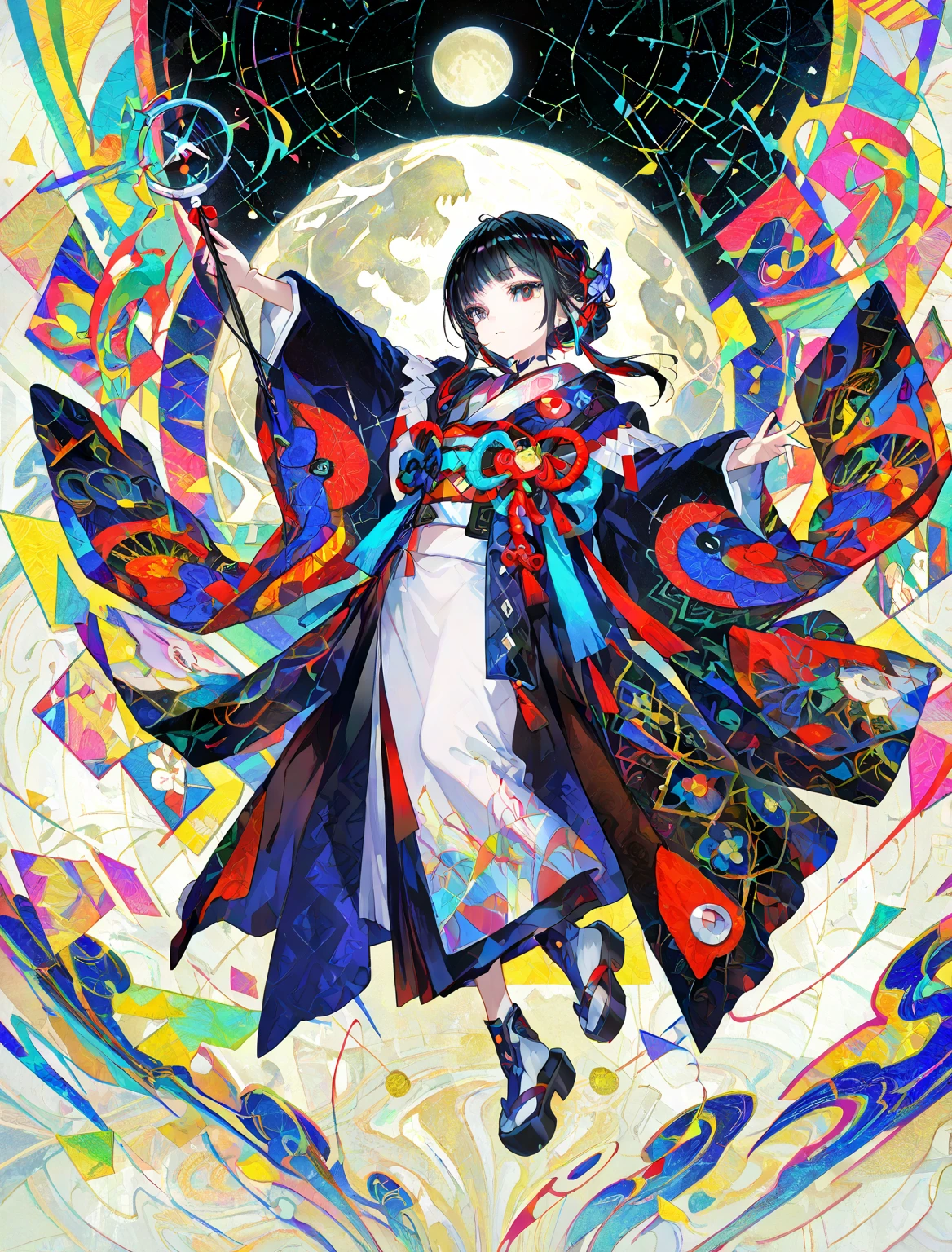 cool beauty, solo girl, young girl, black hair, Ready hands a wand, geometric art room, Japanese tech kimono, abstract, circle design, moon background, kaguyahime,