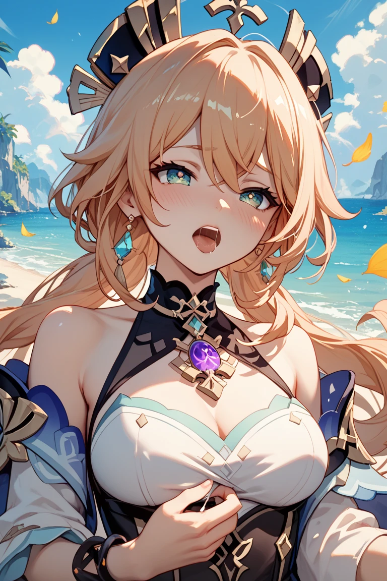 masterpiece, centered, concept art, suggestive pose, 1girl, mythra \(xenoblade\), blonde hair, long hair, sexy, beach background, epic composition, epic proportion, volumetric lighting, HD,porn,purple eyes,shirtless,pussy