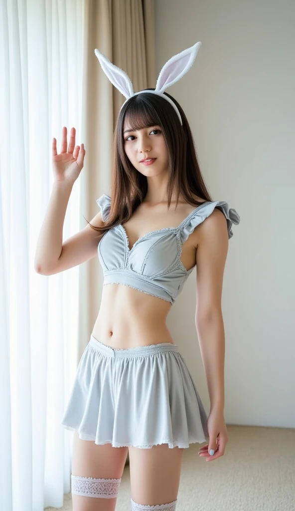 Top Quality, White Skin, Real Human Skin, (Detailed), Pore, Ultra High Definition, (8k, RAW Photos, Photorealistic: 1.4), 1 Girl, Slim, Maid, Mini Skirt, Photo from Below, 1 Girl, Solo, (Best Quality), (Masterpiece: 1.1), Full Body, looking_at_viewer, Dynamic Angle, Cute, Clear Face Skin, Best Quality, White Skin, real human skin, (detailed), blue underwear, low-angle shot, anatomically correct, in skirt, sitting, nsfw: 2.5