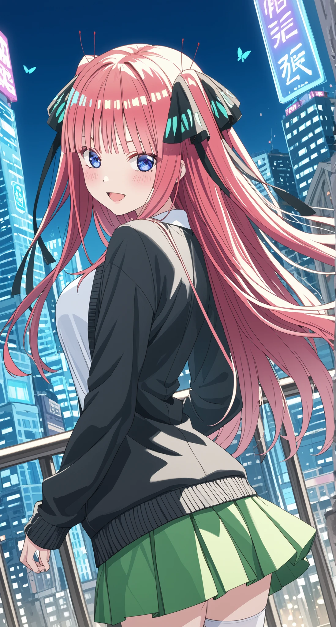 nakano nino,glass cover,back shot,alternate color,masterpiece,detailed illustration,lifelike,{{{Cute 1nakano nino}}},super beauty merging with the machine,elaborate shabby chic pattern,shiny beautiful woman,half of my body is made of machine,transparent glass body,the machine inside is transparent,cinematic lighting,dynamic angle,dynamic pose,city,depth of field,showing your voluptous body,looking at viewer,long hair,pink hair,shiny hair,hime cut,twintails,two side up,hair ribbon,butterfly hair ornament,blue eyes,blush,medium breasts,white blouse,black cardigan,open cardigan,green skirt,pleated skirt,white thighhighs,zettai ryouiki,looking back,from behind,light smile,open mouth