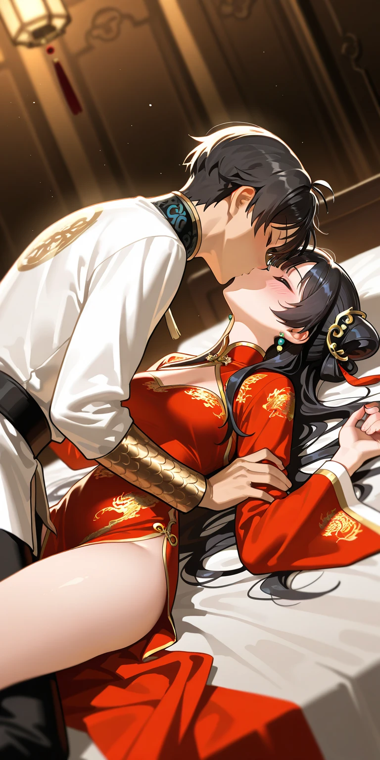 Highly shiny embroidery、Chinese princess in a rumpled red long-sleeved raincoat cheongsam、Having sex with the emperor while writhing around on the bed