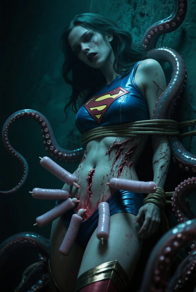 A hyper-realistic, highly detailed, and high-resolution 16k, Wonder Woman, her uniform shredded, trapped in a science lab, her clothes is ripped, her fit body is wet, she is in distress getting fucked by a a monster, tentacles all over her body, tentacles all around her, tentacles around her neck, she's screaming in fear, she is their prisoner, tortured, she is wet, she is scared, she is covered in semen, ????? drips from her lips, her face is dripping with ?????, milk all over her, tentacles holding her down, her legs tied together, struggling , no escape, screaming, ????????, chained, clothes ripped, struggle, she's wearing boots
