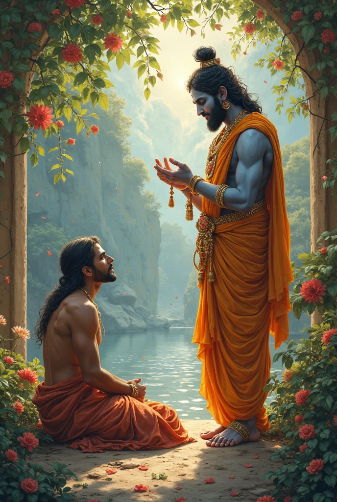 Description: Pandu's death will be shown in the fourth scene. Pandu is raising his hand towards the madry, the impression of death in his face is evident. Madri is sitting next to Pandu's body, mourning, the impression of deep grief on his face. This scene is portrayed in the dark and gray shade, which highlights the tragic and emotional atmosphere of Pandu's death. There is a mixture of forests and darkness in the vicinity, which makes the scene more serious.