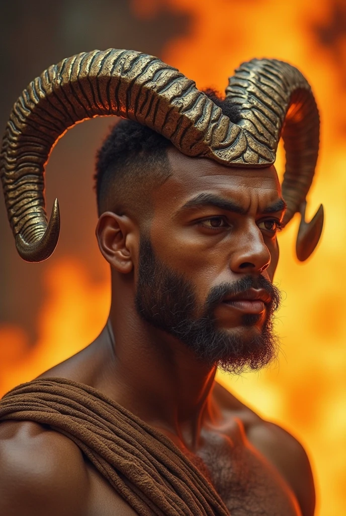Humanoid with bull face and upper body handsome and wise pronounced horns salt and pepper goatee