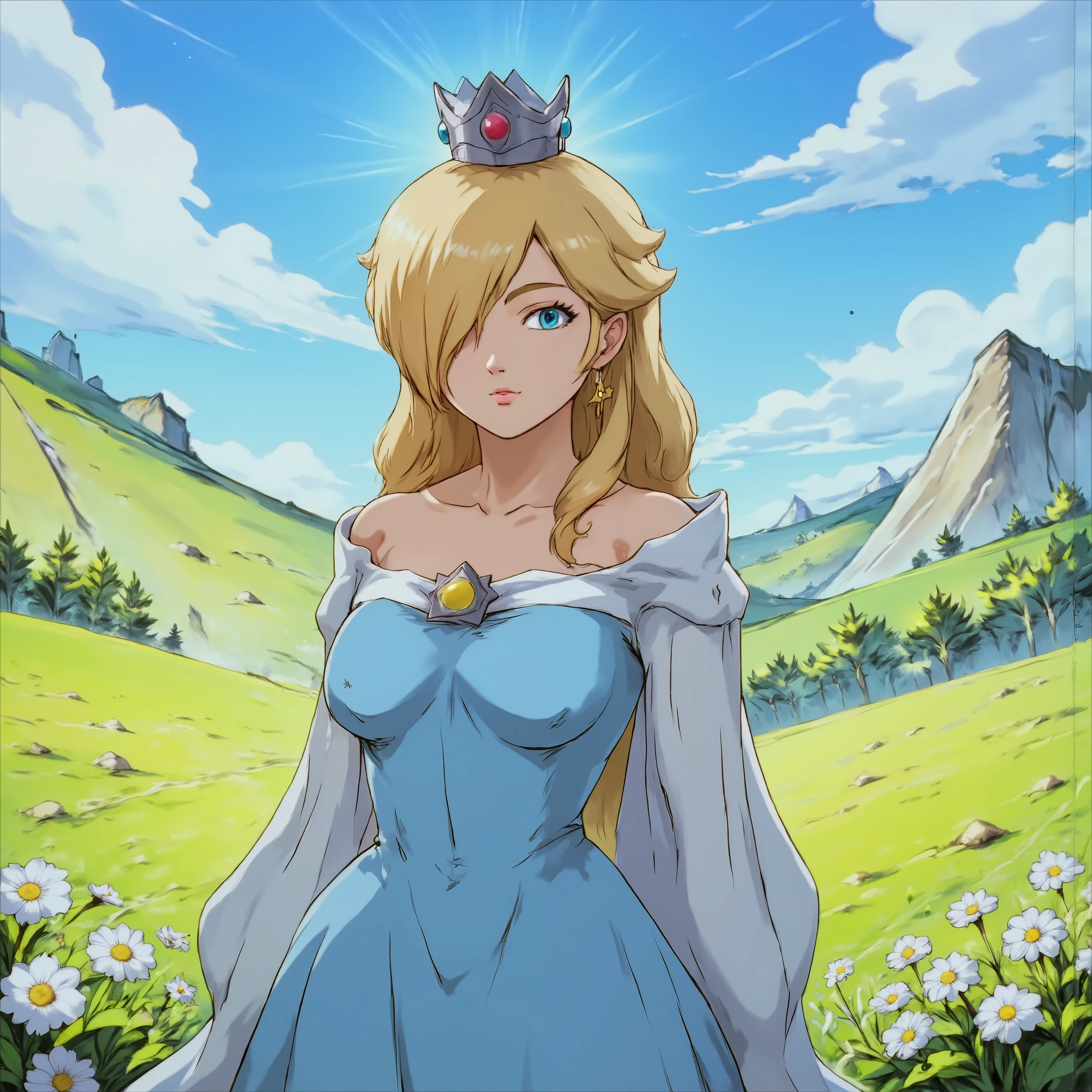 b3rs3rk of N-Rosalina 25 year old woman she is very busty. wearing a silver crown, golden silky hair that hides half the face, blue eyes that sparkle,
Generate a highly detailed image of an adult version of a celestial princess resembling Rosalina, with long, flowing silver hair and a regal blue gown. She has a calm, serene expression, with a clear and neutral background. However, instead of the usual plain backdrop, place her in a vibrant, cheerful landscape with rolling green hills, bright wildflowers, and a radiant blue sky with fluffy white clouds. The golden sunlight adds a soft glow, enhancing the mood. The image should have a clean, frontal pose with no extreme angles, and the scene should be in 8K resolution, with a photorealistic finish that maintains a balanced contrast to highlight both her and the vivid, joyful landscape.