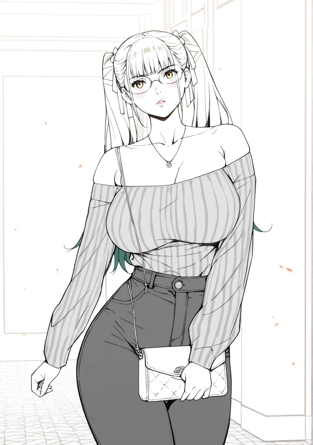 (hamashima_shigeo-style:1.4), (orushibu-style), ((anatomical correct)), ((embers)), ((Cinematic, unreal engine, eye-catching, ambient occlusion, UHD, masterpiece)), ((perfect lighting)), perfect body, perfect eyes, perfect fingers, gasping, heavy breathing, gasping profusely, ((skindentation)), ((curvy)), mato seihei no slave, azuma yachiho, long hair, bangs, black hair, bow, twintails, yellow eyes, hair bow, green hair, plump, 1girl, glasses, solo, breasts, jewelry, necklace, bare_shoulders, pants, looking_at_viewer, off_shoulder, high-waist_pants, striped_shirt, striped, sweater, handbag, blush, holding, collarbone, shirt, long_sleeves, indoors