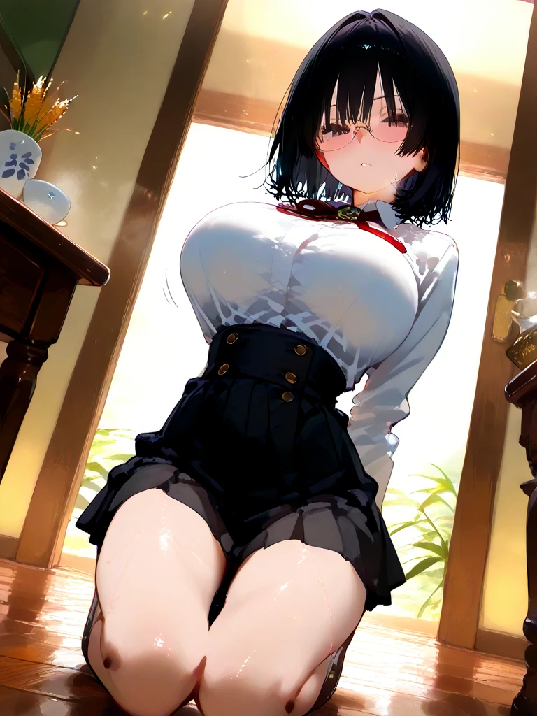 (masterpiece, best quality, highly detailed, high resolution), 1girl, <lora:loveiswar:0.8>, school uniform, shinomiya kaguya, red eyes, black hair, hair ribbon, cleavage, (small breasts, slim body, wide hips), cinematic lighting, sakura tree, sunlight