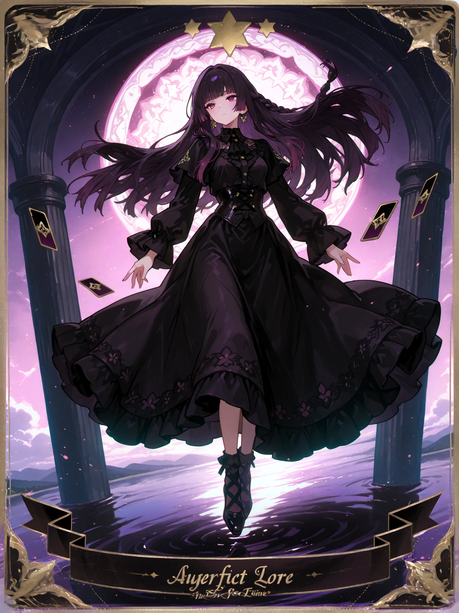 girl, long dark purple or black hair, violet eyes, Black Rich Closed Clothing, Masterpiece, hiquality, high detail, HD, 4k,full body,
