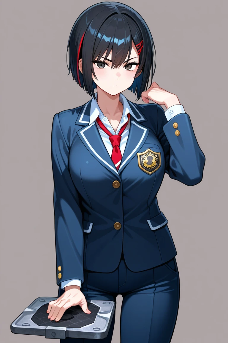 masterpiece, Highest quality, High resolution, MyMiku, short hair, teeth, , Red Bow, Collared shirt, Blue jacket, blazer, Long sleeve, Pleated skirt, Grey Skirt, Black knee socks, Cowboy Shot, anger, Are standing, locker room,Open the shirt,Skirt Lift,Panties in full view