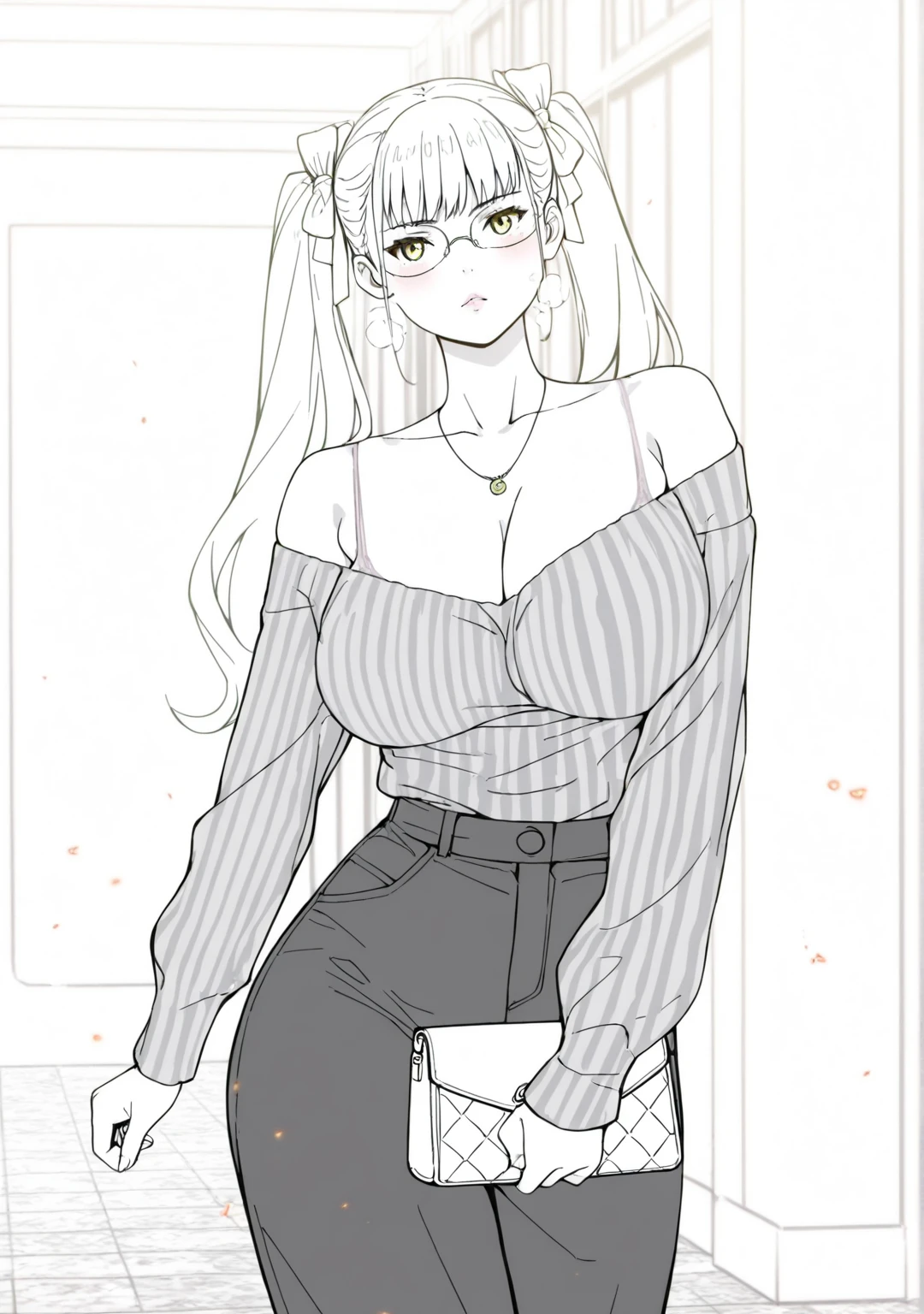 (hamashima_shigeo-style:1.4), ((anatomical correct)), ((embers)), ((Cinematic, unreal engine, eye-catching, ambient occlusion, UHD, masterpiece)), ((perfect lighting)), perfect body, perfect eyes, perfect fingers, gasping, heavy breathing, gasping profusely, ((skindentation)), ((curvy)), mato seihei no slave, azuma yachiho, long hair, bangs, black hair, bow, twintails, yellow eyes, hair bow, green hair, plump, 1girl, glasses, solo, breasts, jewelry, necklace, bare_shoulders, pants, looking_at_viewer, off_shoulder, high-waist_pants, striped_shirt, striped, sweater, handbag, blush, holding, collarbone, shirt, long_sleeves, indoors