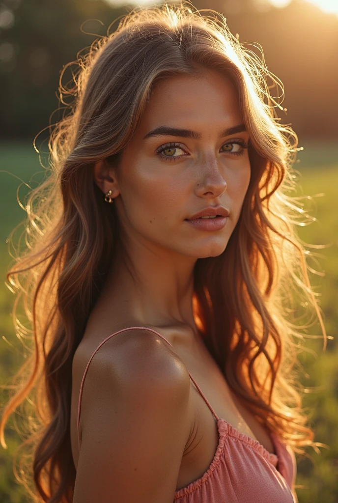 a gorgeous European light brunette woman, age 23, wavy hair in the wind. she's a men magazine model