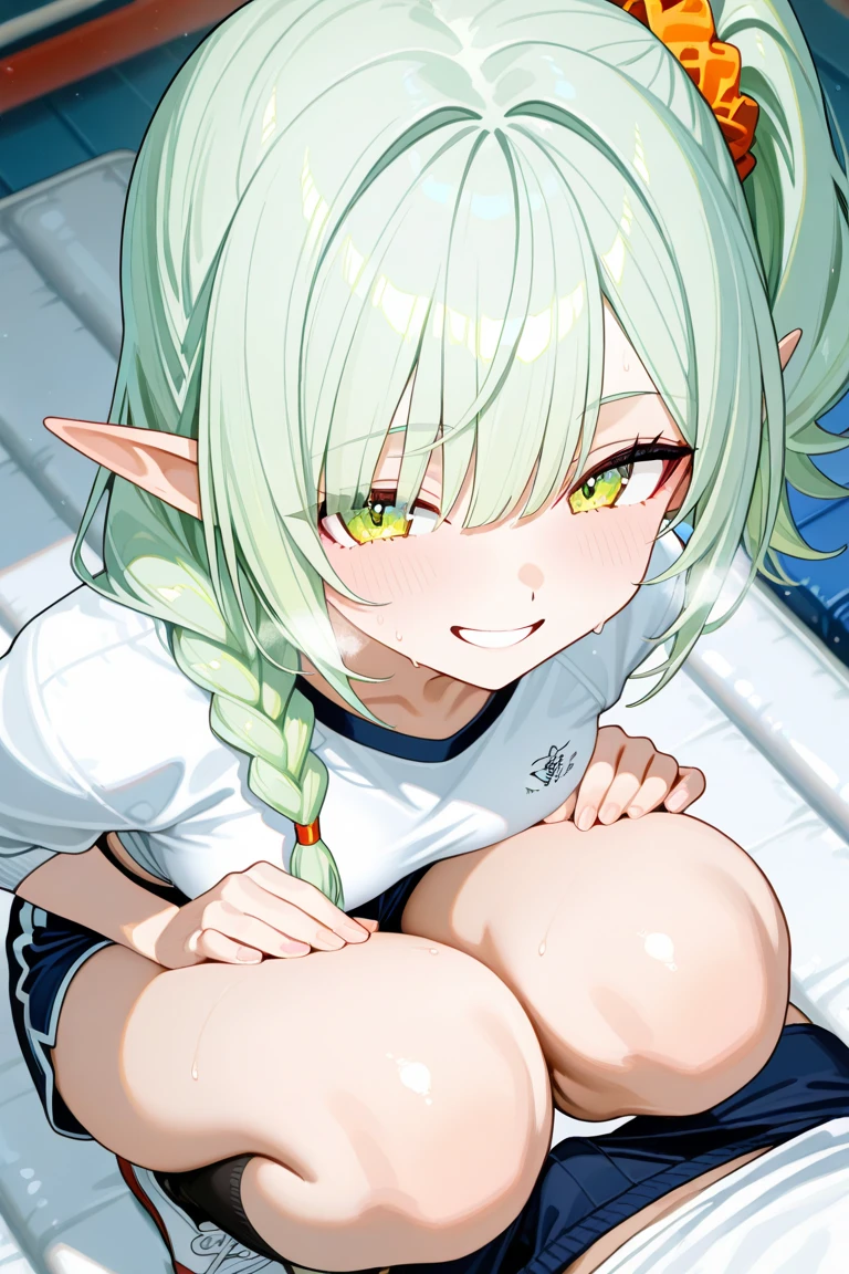 , stand, in the grassfield, blue hair, elf, dark orange eyes, ecstatic expression, get naked, high resolution, masterpiece, high delicate, highest quality, highest resolution, collar, wet dripping pubis area:1.5
