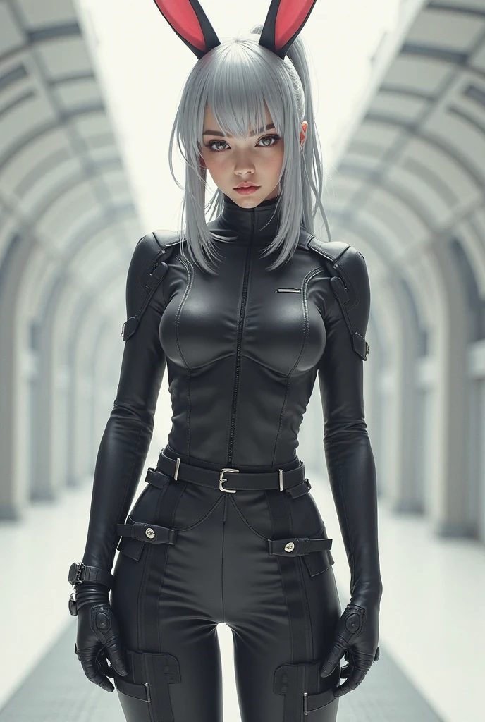 a close up of a woman in a futuristic suit posing,silver hair, gynoid cyborg body, biomechanical oppai, oppai cyberpunk, girl in mecha cyber armor, beutiful white girl cyborg, in white futuristic armor, cybersuit, gynoid body, perfect anime cyborg woman, perfect android girl, beutiful girl cyborg, fully robotic!! catgirl