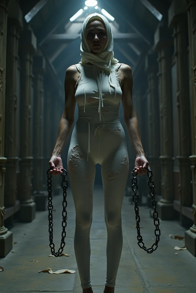 Barefoot anime girl in tight space jumpsuit fully chained standing