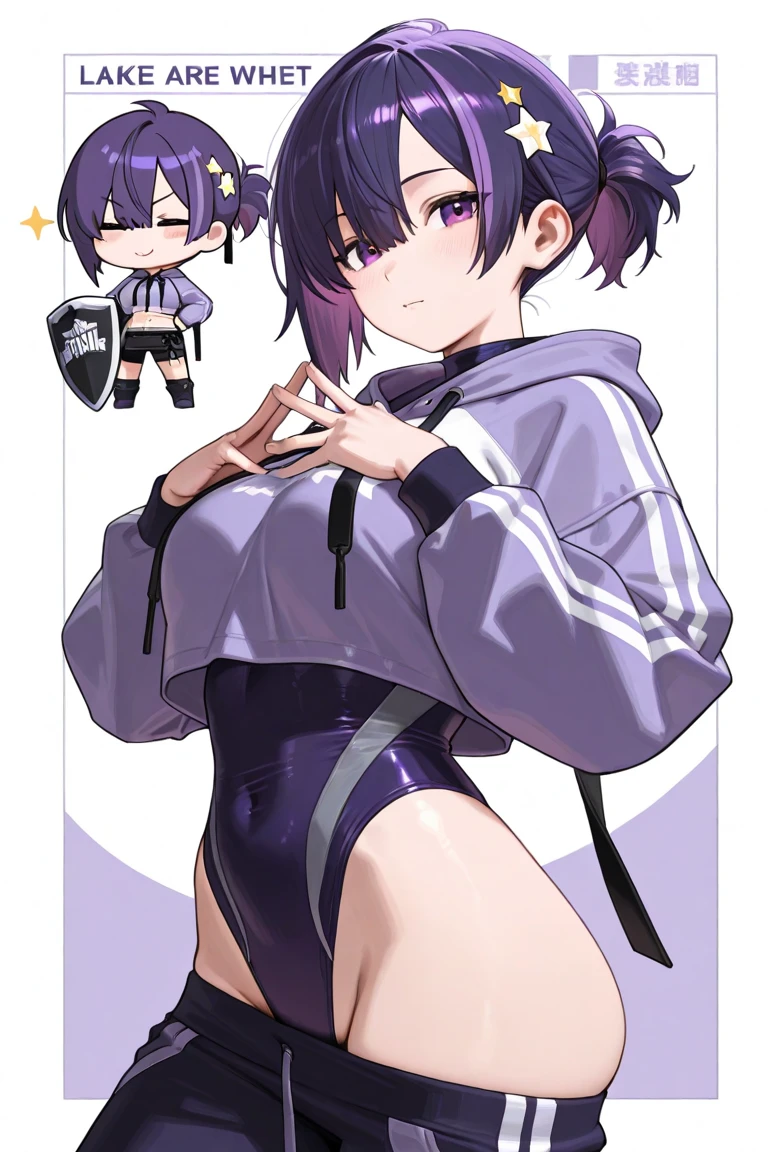 anime girl with black hair and a cat hat facing forward and looking back, sexy, cute, anime style illustration, moe artstyle, wallpaper 8 k, digital illustration, beautiful catgirl, she wears a short hoodie with animal ears and technowear technology as well as short shorts showing her butt cheeks, futuristic fashion in black and holographic colors,, cables coming out of the sleeves, the background is that of a simple pattern with cat motifs and paws, purple and black, black cat eyes, holographic, holo details