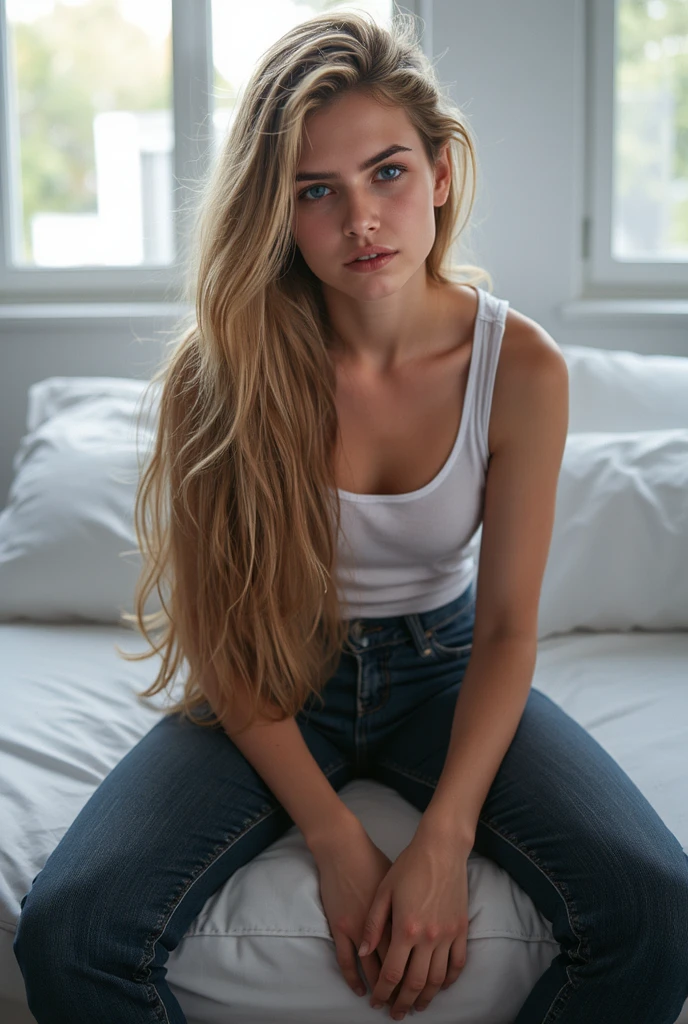 ((1girl in, age19, Solo, Long wavy blond hair, messy wind blown hair, blondehair, (dark blue eyes), full body shot, (textured skin, skin pores:1.1))), imperfect skin, goosebumps,(extremely detailed 8k wallpaper), soft lighting, high quality, film grain, Fujifilm XT3 sharp focus, f 2.6, 135mm, High Detail, Sharp focus,(natural light), Realistic, ultra realistic, photo realistic, crazy details, complex details, hyper detailed, pyjamas, sleeping, burning night lamp, 2 person size bed, eyes close, laying on bed, pure skin, 0 spot in skin, pure face, no spot in face,pure legs, no spot in legs