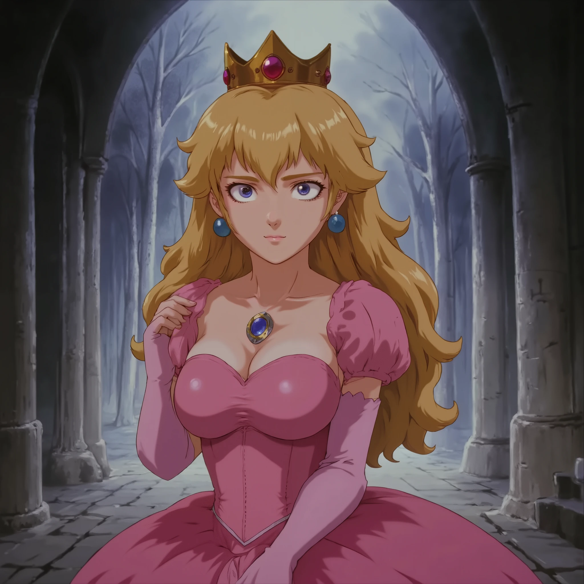 b3rs3rk -standing facing the viewer photoRealistic photo of  n-peach, a 20 year old woman she has blue eyes and blonde hair, wearing a golden crown, a 20 year old woman Shy with eyes darting away, fingers fidgeting, and a faint smile struggling to form.
-Highest quality, best quality, masterpiece. cinematic atmosphere. The lighting is soft yet dramatic. The film grain adds a tactile, grainy texture, enhancing the dreamlike quality of the scene.
She wears an Elegant pink ball gown with puffed sleeves, sapphire brooch, golden crown adorned with sapphires and rubies, long blonde hair styled in soft waves.â
She poses in a passport styled photo with upper body view and breasts in frame. facing the viewer with a slight smirk on her face. the background is dynamic and complex.