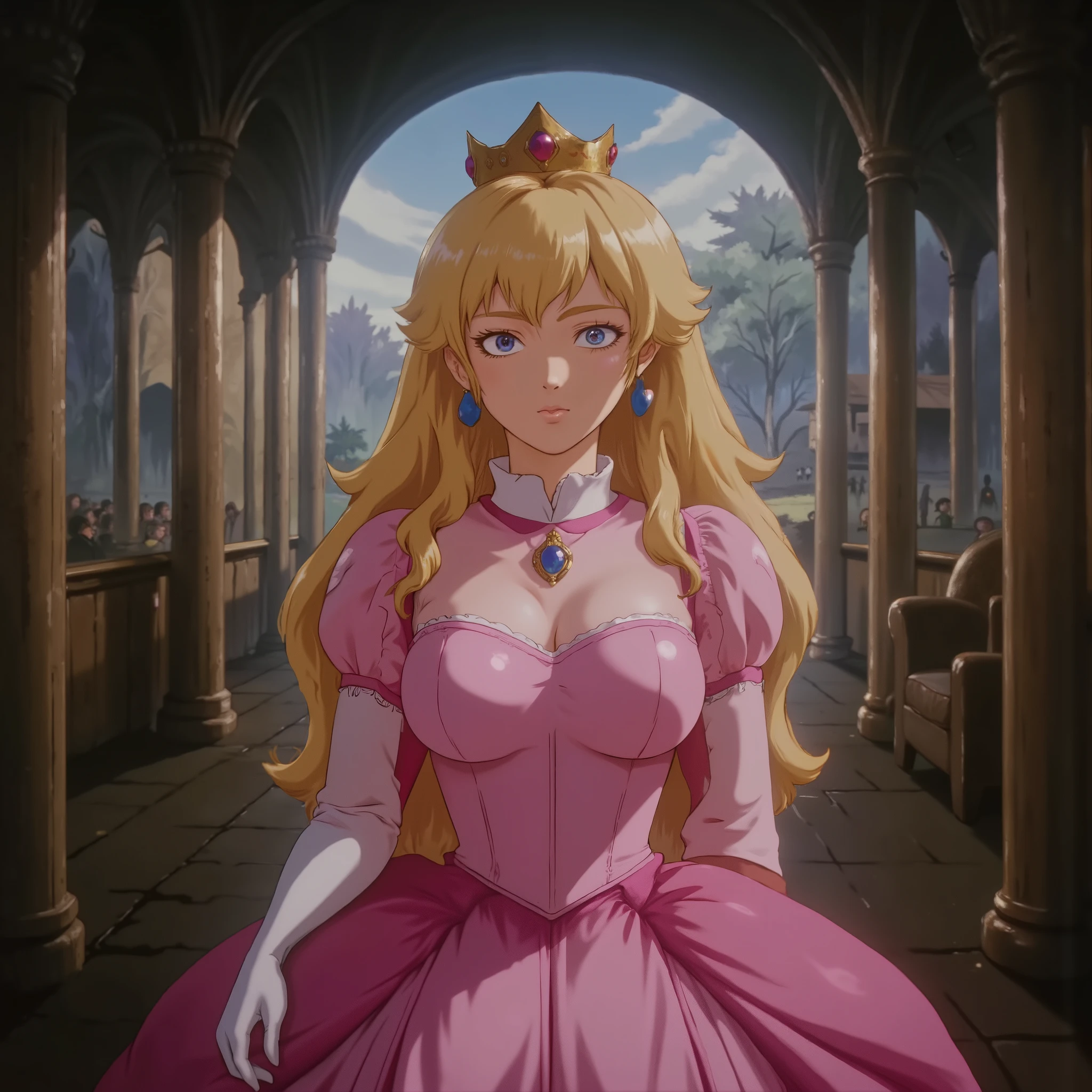 b3rs3rk -standing facing the viewer photoRealistic photo of n-peach, a 20 year old woman she has blue eyes and blonde hair, wearing a golden crown, a 20 year old woman Shy with eyes darting away, fingers fidgeting, and a faint smile struggling to form.
-Highest quality, best quality, masterpiece. cinematic atmosphere. The lighting is soft yet dramatic. The film grain adds a tactile, grainy texture, enhancing the dreamlike quality of the scene.
She wears an Elegant pink ball gown with puffed sleeves, sapphire brooch, golden crown adorned with sapphires and rubies, long blonde hair styled in soft waves.â
She poses in a passport styled photo with upper body view and breasts in frame. facing the viewer with a slight smirk on her face. the background is dynamic and complex.