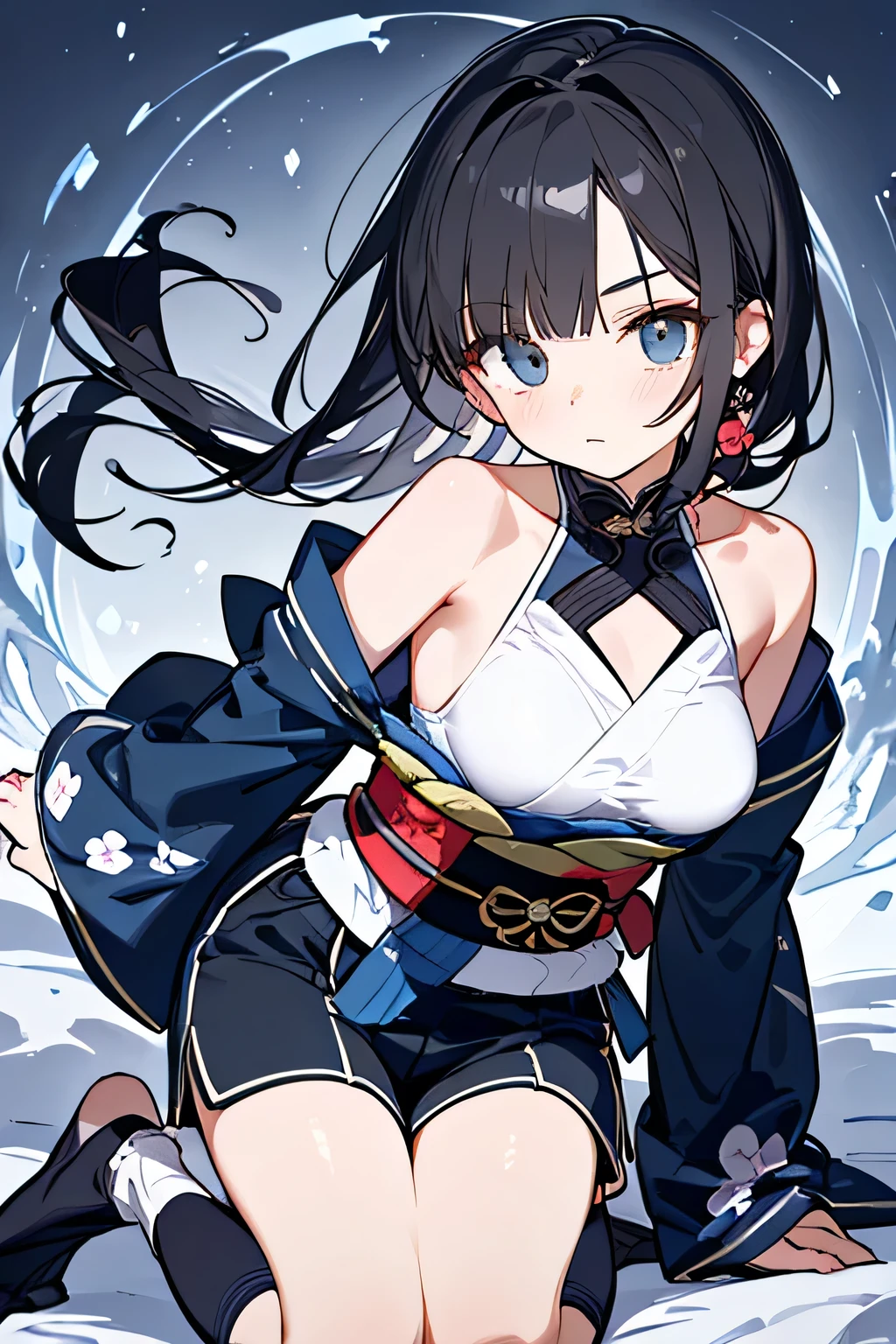 NINJA WIND,((One Eye Concealed Hair)),mystical atmosphere, natural body,(Short shoulder-length sleeves+shorts= dark blue kimono )Hand guard, socks,detailed clothes,(slender figure,marshmallow breasts ,),beautiful black hair,well-groomed face,clear skin,Fair skin,Japanese face,
