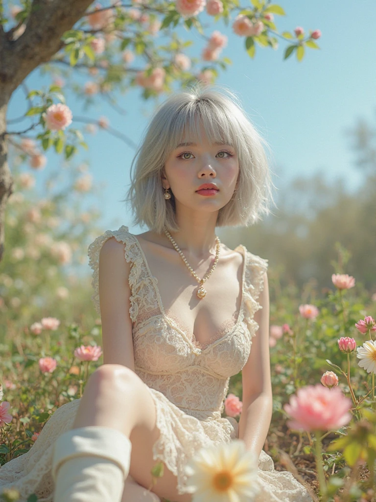A Korean woman with short, white hair, a beautiful face showing her cleavage, wearing a casual outfit, (sitting) in a flower garden. Surrealistic portrait, pastel tones, mid shot, dramatic light.
