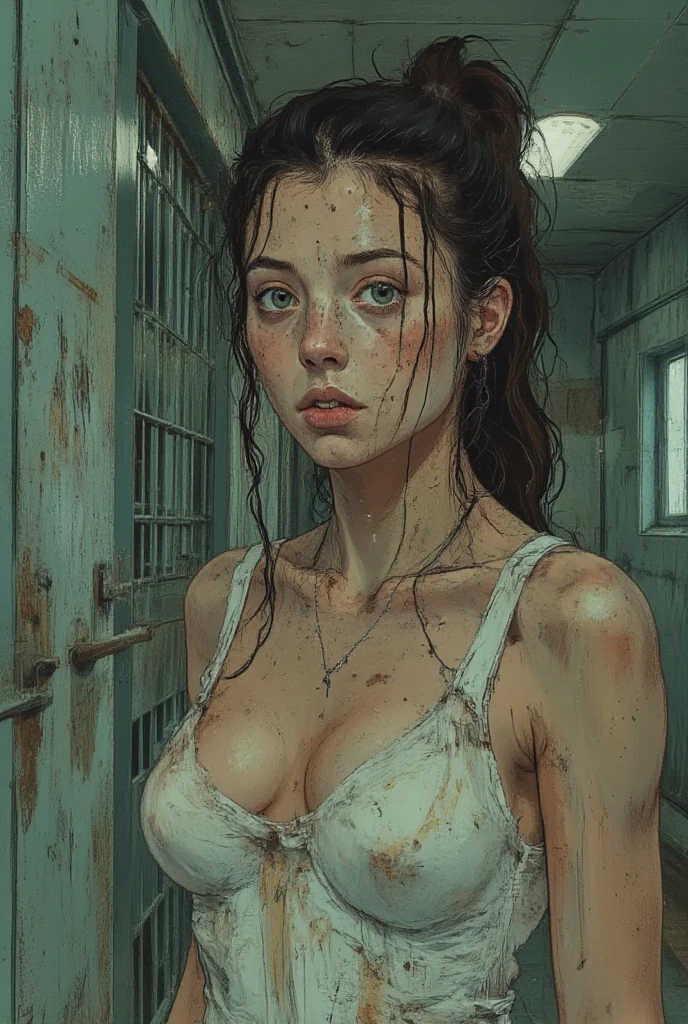 Realistic, surrealism, super realistic, hyper realistic, natural skin, Generate an image of a young beautiful lady having shower with no dress, blonde skin, black hair, natural skin, realistic, a little bit small breast, pink theme, erotic look, white skin