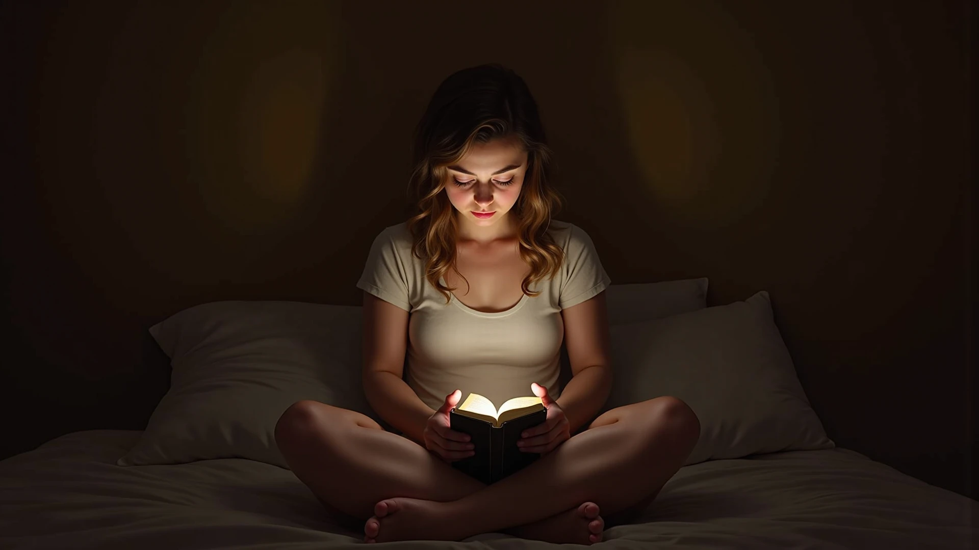Woman reading a book in pitch darkness . lying on her bed
