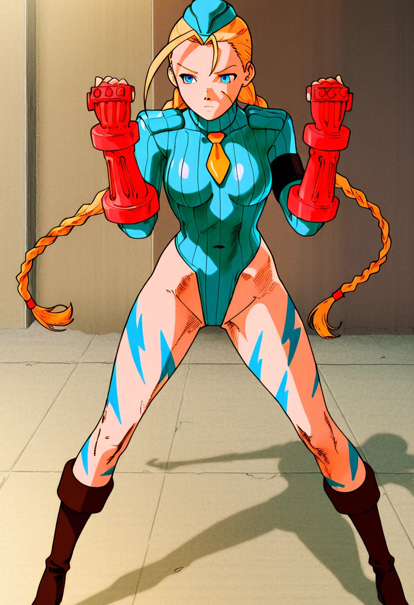 masterpiece, best quality, highres, 1girl, cammy white, twin braids, long hair, blonde hair, antenna hair, garrison cap, blue headwear, blue eyes, scar on cheek, large breasts, yellow necktie, (blue leotard:1.1), long sleeves, fingerless gloves, bodypaint, full body, outdoors, standing, street, boots, (((wetting self, puddle, pee stains))), looking at viewer, (thicc:1.7), (blushing), ((scared expression, open mouth, clenched teeth, crying)), ((highleg leotard, bare legs)),(((latex leotard))), (((shaking hands)))