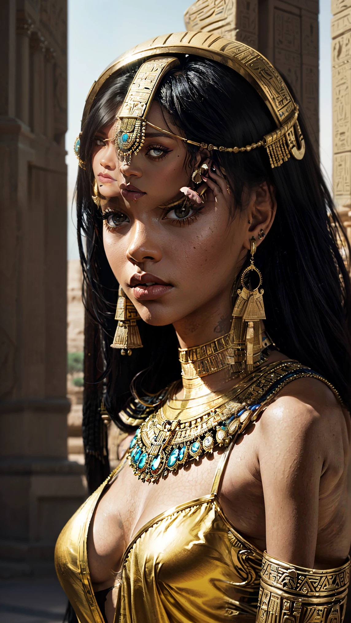 ((best quality)), ((masterpiece)), ((realistic)), (detailed), ((african goddess woman)), dark skin, (realy luxuriant afro-textured hair rainbowned), gorgeous, sexy, curvy, busty, (geisha eyes), ((heterochromia eyes))