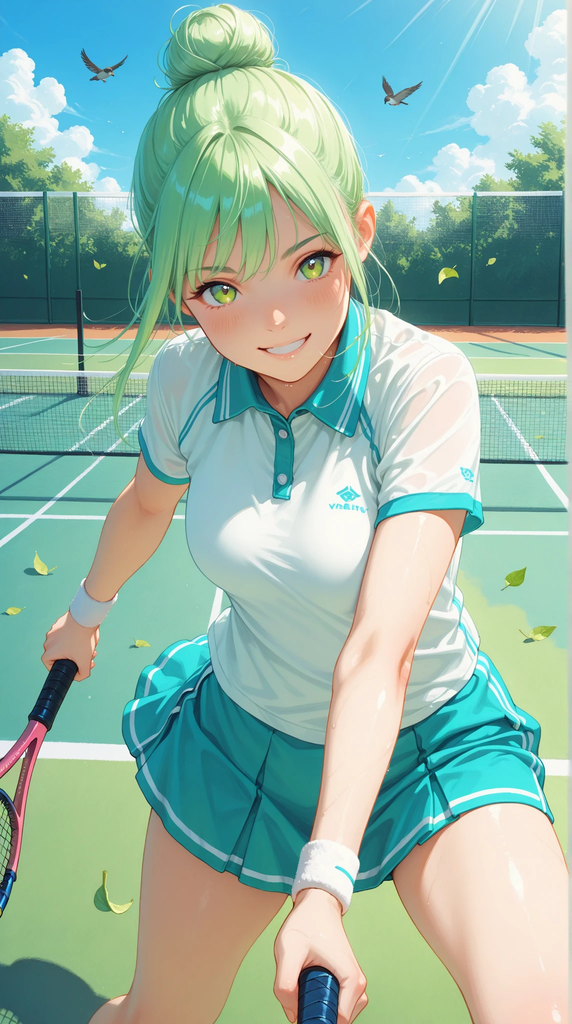 ((A Pretty girl with green hair and blue eyes)), ((wearing tennis wear)), with a tennis racket, Baby face, ((master piece, top-quality, ultra-definition, high resolution)), anime girl, ((ultra-detailed illust:1.2)), only one person, bangs, hair between eye, beautiful hair, Shiny eyes, Medium breasts, Big smile, opened mouth, squatting down, on the tennis court