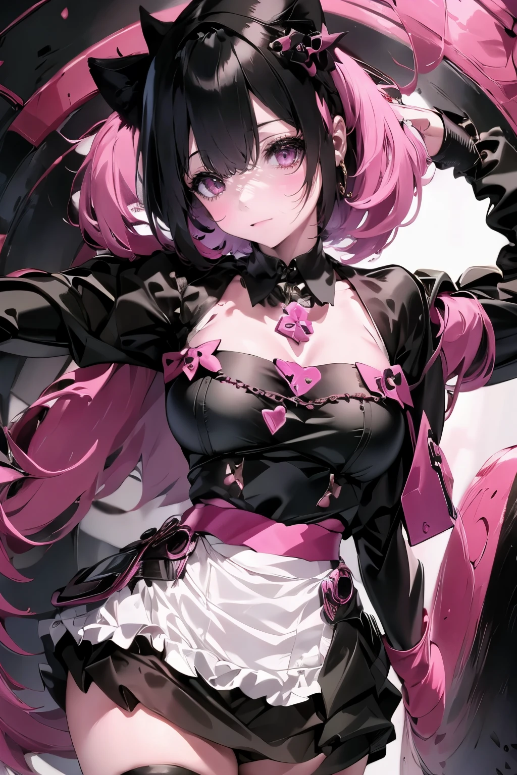 ((())), black hair, pink clothes, girl, solo, adult, gothic, (((short hair))), quality\(8k,wallpaper of extremely detailed CG unit, ​masterpiece,hight resolution,top-quality,top-quality real texture skin,hyper realisitic,increase the resolution,RAW photos,best qualtiy,highly detailed, shoulder
