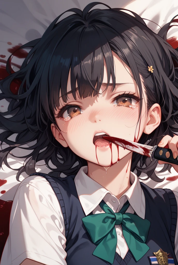 A short haired anime girl in classroom with black hair, open mouth, finger pointing at a white hair anime boy